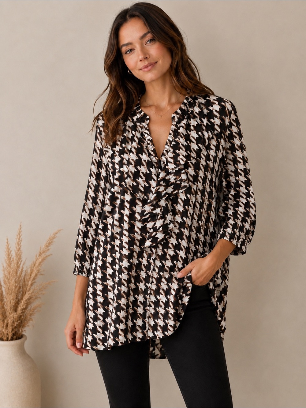 KARL LAGERFELD || Houndstooth Ruffle Tunic. Sz. XL